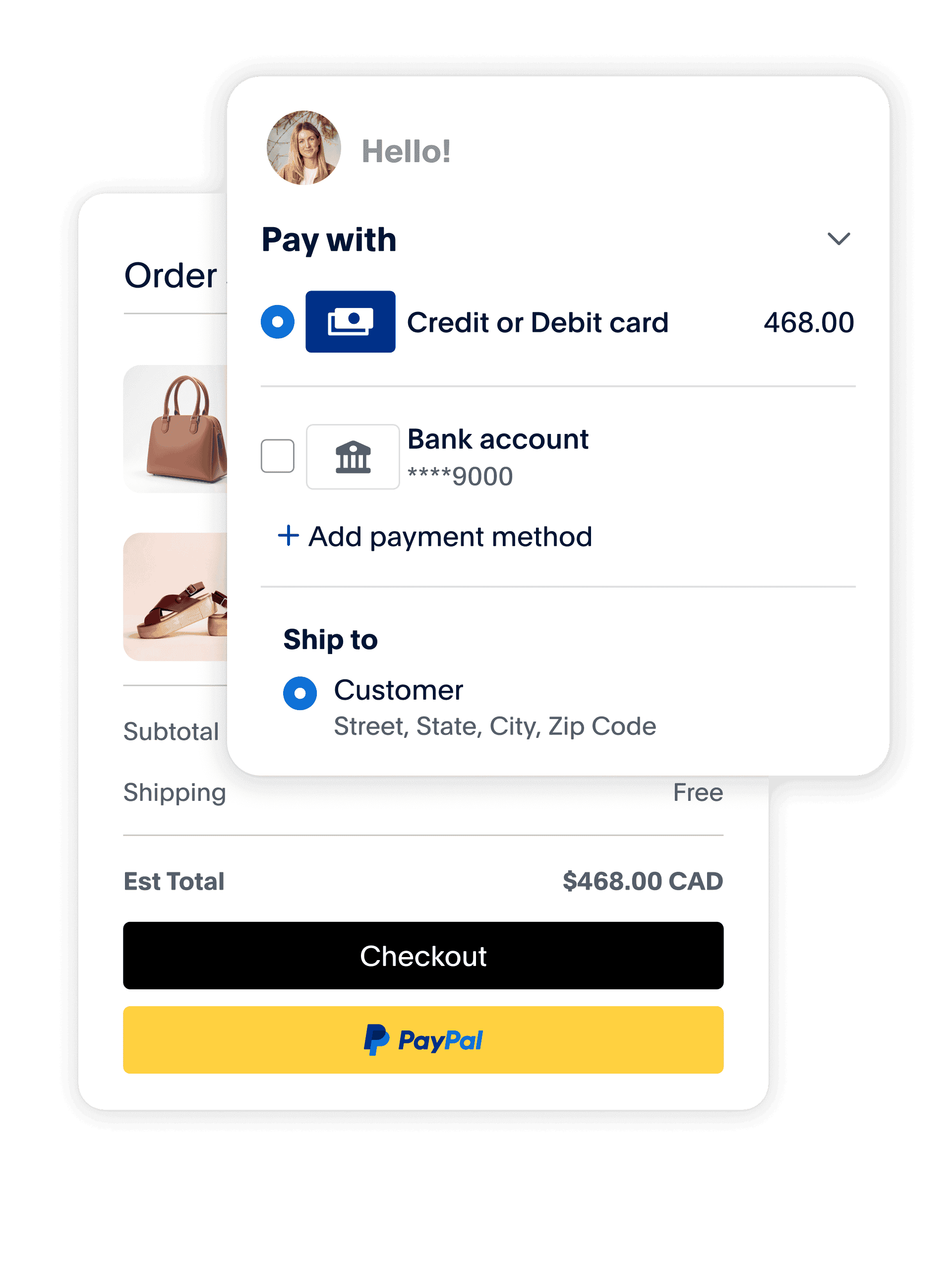 Checkout paying with PayPal: cart, order total and payment method selection